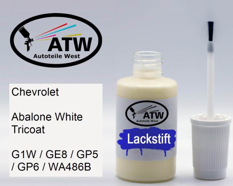 Chevrolet, Abalone White Tricoat, G1W / GE8 / GP5 / GP6 / WA486B: 20ml Lackstift, von ATW Autoteile West.
